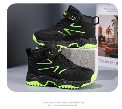 New Boys' Sports Shoes Non-slip School Children's Leather Breathable Running Black Fashion Hiking Shoes Sneaker Size 29-40.