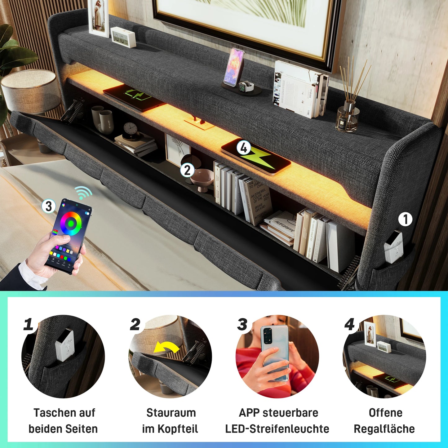 KOMHTOM Doppelbett Leinen, mit USB und Typ C-Port, 360-Surround-LED-Funktion, Hydraulischer Stauraum, ohne Matratze