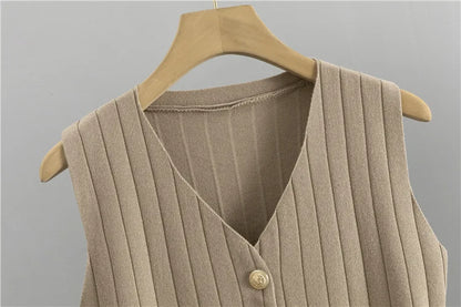 Three Piece Sets Women Pant Set Cardigan Vests Sweater Work Elegant Spring V Neck Open Stitch Knitted Long Pants Matching Sets.