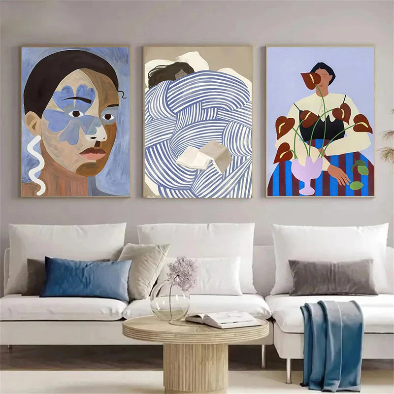 Abstract Blue Geometric Face Lines Canvas Painting Curve Girl Vase Dove Wall Art Posters Print Picture Nordic Bedroom Home Decor.