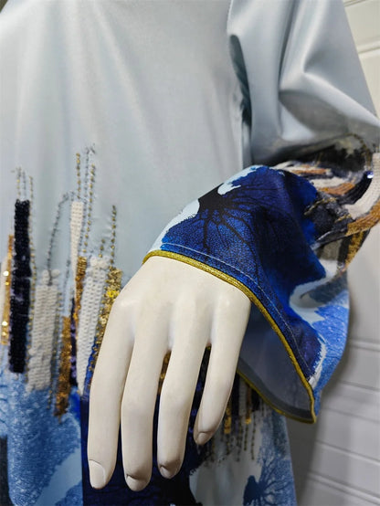 Siskakia Arab Saudi Printing Sequins Long Dresses Galabia Muslim Eid Women Abayas Islam Clothing Turkish African Kebaya 2024 New