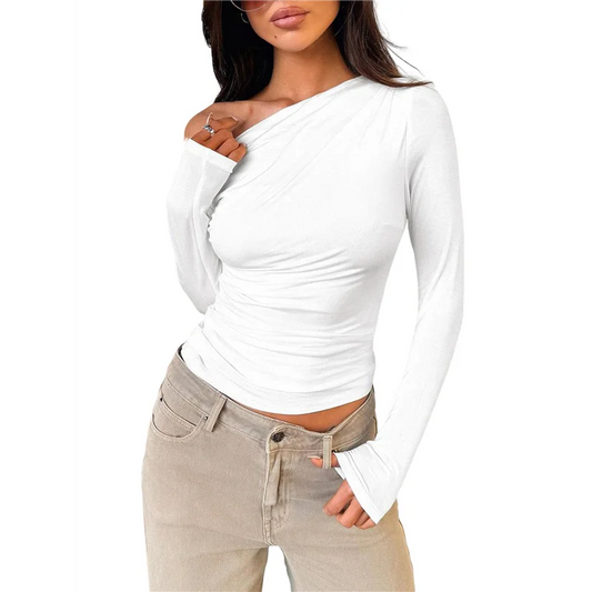 Women's Off Shoulder Tops Dressy Long Sleeve Asymmetrical Slim Fit Going Out Fall Blouse Ruched Shirts.