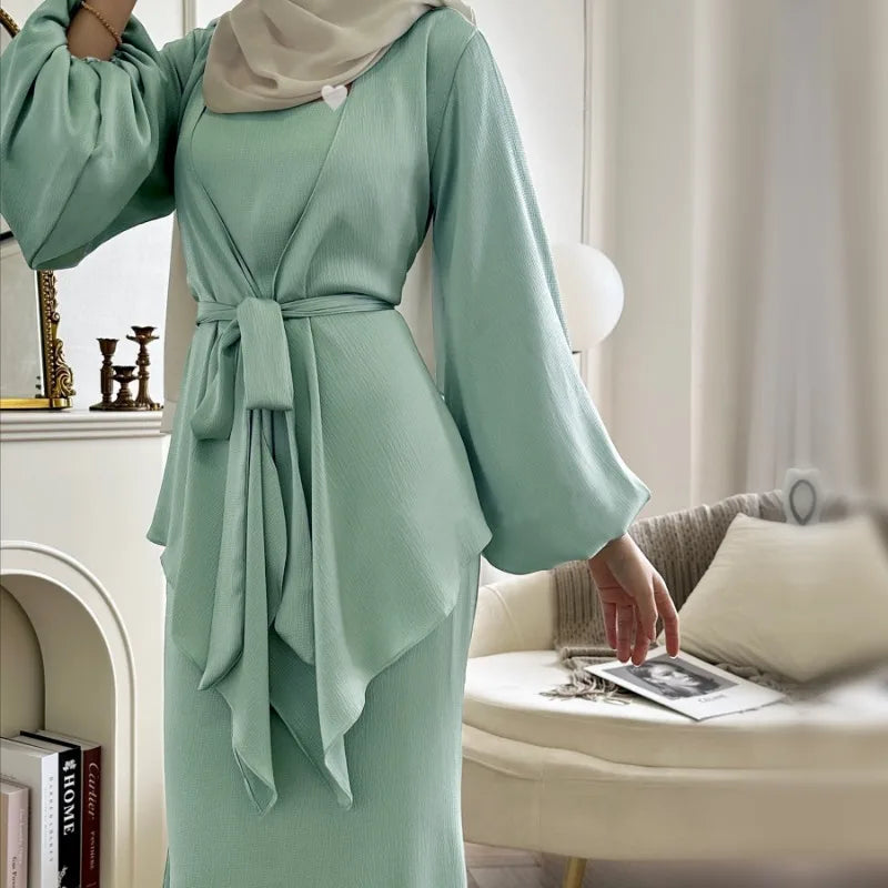 2-teiliges Saudi-Arabien muslimisches Damen-Abaya-Kleid aus Satin für Damen, Islam, Dubai, Urlaub, bescheidene Kleidung, 2024, elegante türkische Robe.