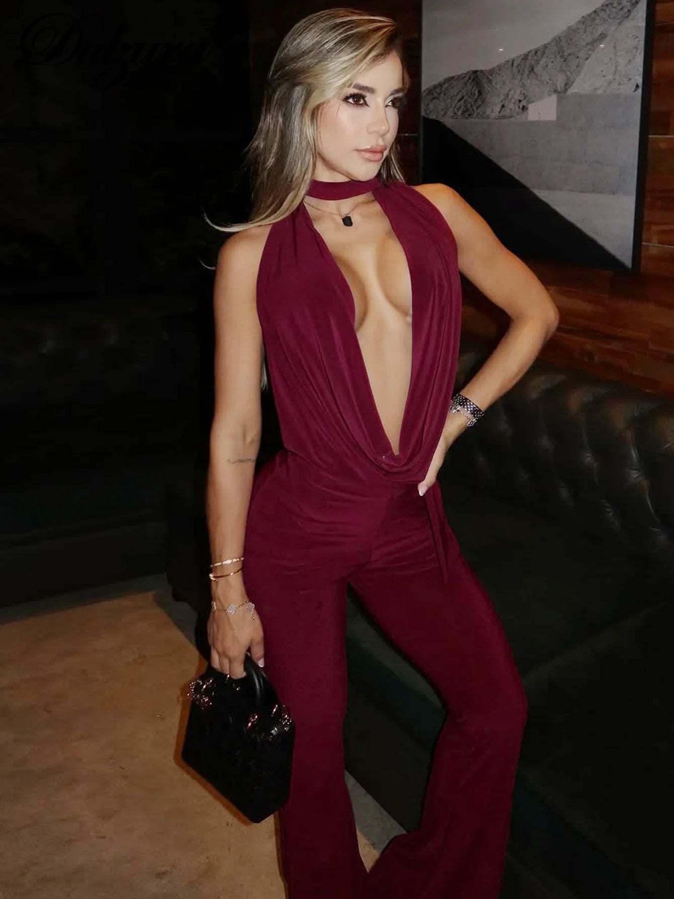 Dulzura Summer Solid Sexy Halter Swinging Collar Backless Slim Lace Up Flared Jumpsuit Women'S Fashion Elegant Party Club Romper.