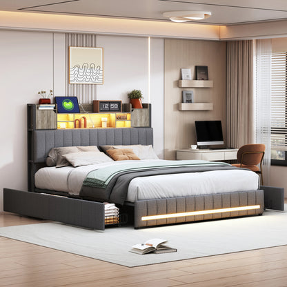 Rosahqnda gepolstertes Doppelbett mit LED-Kopfteil und USB-Anschluss, Stauraumbett mit 4 Schubladen, Leinen, ohne Matratze