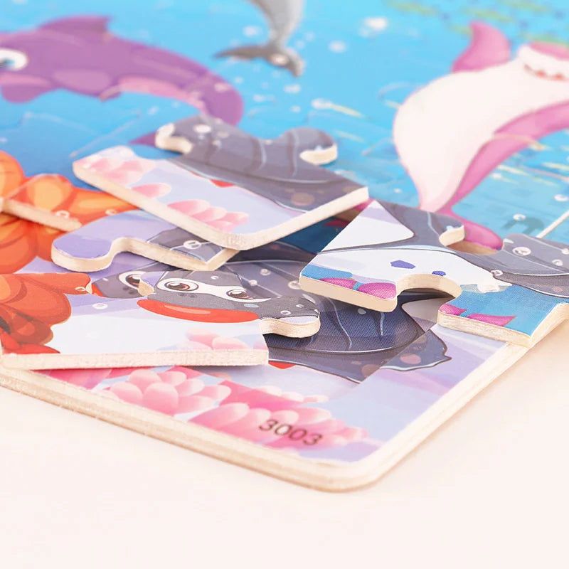 New 30 Pieces Wooden Puzzles Cartoon Animal Traffic Tangram Wood 3d Puzzle Montessori Educational Toys for Children Gifts.