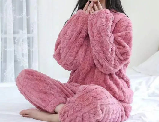 Herbst Winter Lose Süße Casual Pyjamas frauen Set Dicke Fleece Wolle Langarm Top Hause Elastische Taille Lange Hosen Hosen.