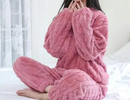 Herbst Winter Lose Süße Casual Pyjamas frauen Set Dicke Fleece Wolle Langarm Top Hause Elastische Taille Lange Hosen Hosen.