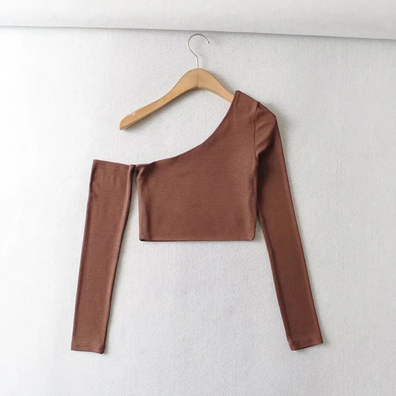 Women's One Shoulder Long Sleeved Crop Top.