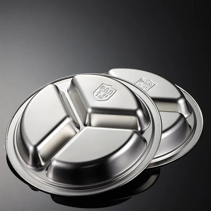 3 Grid Satinless Steel Food Plate Round School Kids Dish Trays Meal Sharing Dishes Set Service Table Student Main Dining Cutlery.