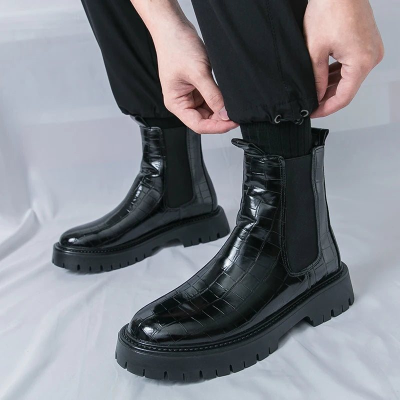 Street Style Pointed Toes Chelsea Boots Stylish Leather Ankle Boots Fashion High Top Shoes Party Business Motorcycle Boots Botas