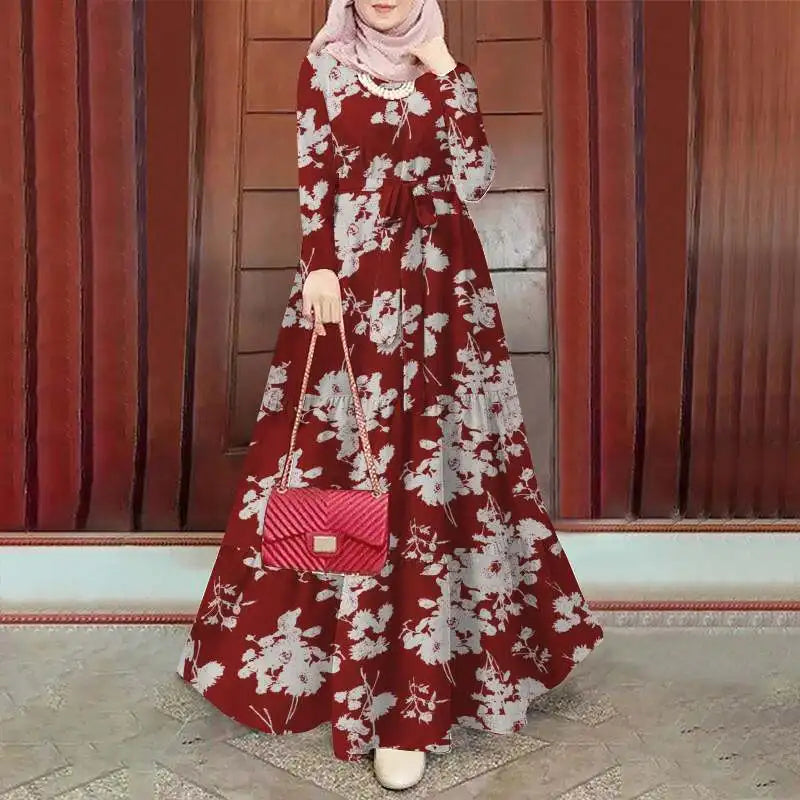 Zanzea Blumen druck böhmischen Maxi kleid Frauen Mode Langarm o Hals abgestufte Vestidos islamische muslimische Gürtel Abaya lange Roben