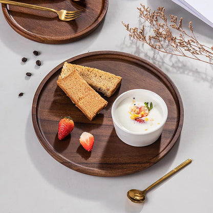 Solid Wood Circular Tray Japanese Style Western Household Tea Dessert Coffee Plate Cross-Border Design.