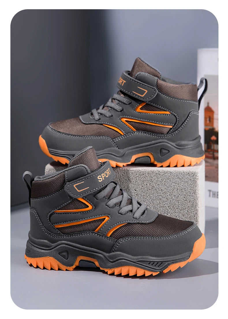 New Boys' Sports Shoes Non-slip School Children's Leather Breathable Running Black Fashion Hiking Shoes Sneaker Size 29-40.