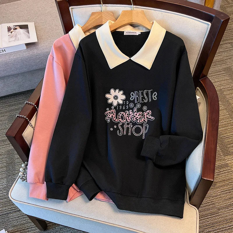 175kg plus size Damen büste Frühling Herbst lose Kragen bedruckt Langarm Sweatshirt schwarz rosa 4xl 5xl 6xl 7xl 8xl 9xl.
