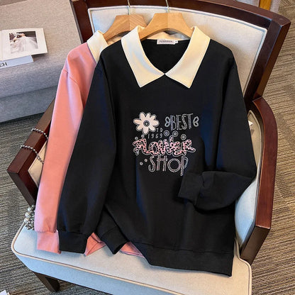 175kg plus size Damen büste Frühling Herbst lose Kragen bedruckt Langarm Sweatshirt schwarz rosa 4xl 5xl 6xl 7xl 8xl 9xl.