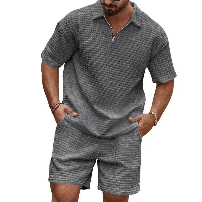 2024European and American Men's Spring and Summer Trends Youth Outdoor Lapel Small Plaid Short Sleeve Shorts Sports Suit.