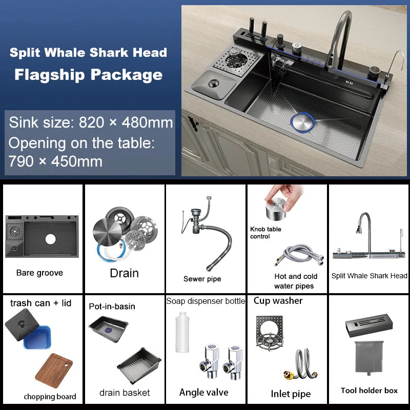 Stainless Steel Waterfall Kitchen Sink New Embossed Extra Large Single Slot Modern Digital Display Dishwashing Basin