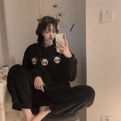 Fleece-Pyjama-Set für Damen, dick, warm, Winter-Nachtwäsche, lässig, solides Oberteil und karierte Hose, weiches Pyjama-Set für Damen, Heimanzug