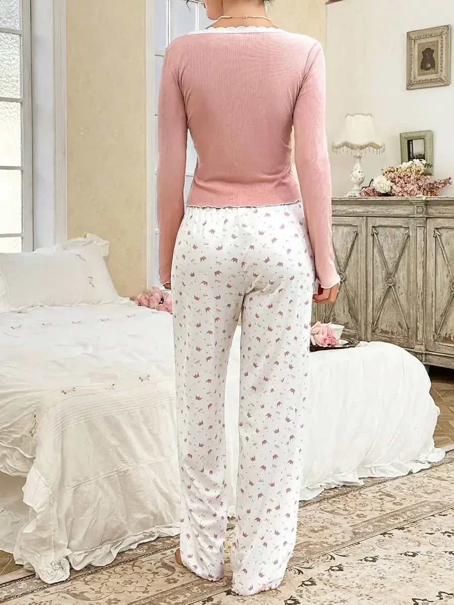 Autumn Winter Pajamas Set for Women Sleepwear Long Sleeve T-shirt with Long Trouses Set Homewear Femme Loungewear.