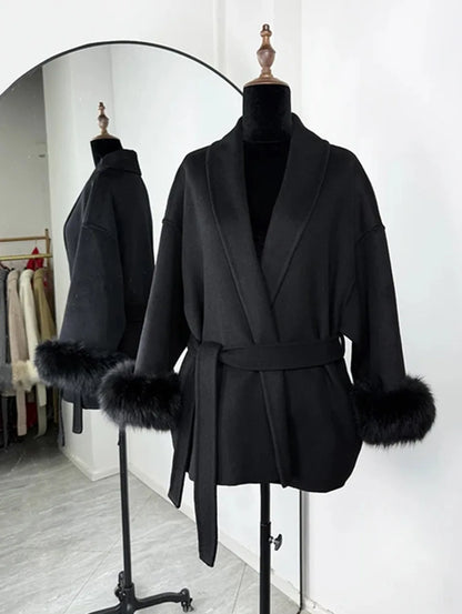 2025 Autumn Winter Chic Lapel Plush Coat With Belt Women Vintage Faux Fur Sleeve Tweed Open Coats Female Casual Street Outwear
