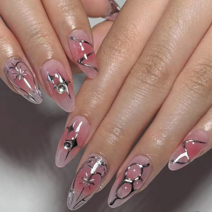 24Pcs Dark Press on Fake Nails with Black Glitter 3D Metallic Designs Sweet Cool Almond False Nails Detachable Nails Spice Girls