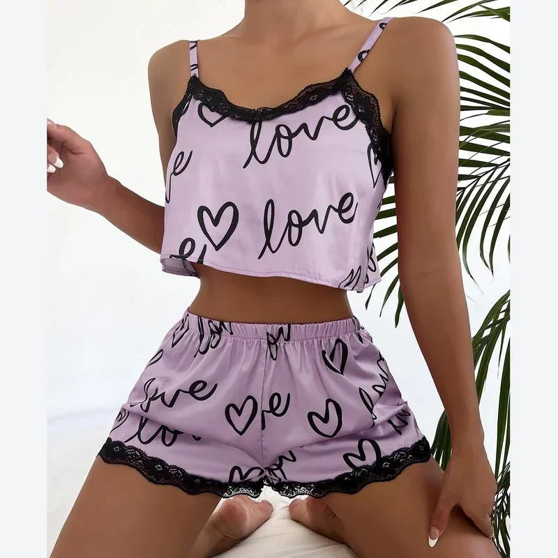 2 teile/satz Pyjama Anzug für Frauen Sexy Nette V-ausschnitt Spitze Liebe Herz Gedruckt Hosenträger Tops Shorts Nighty Nachtwäsche Homewear set.