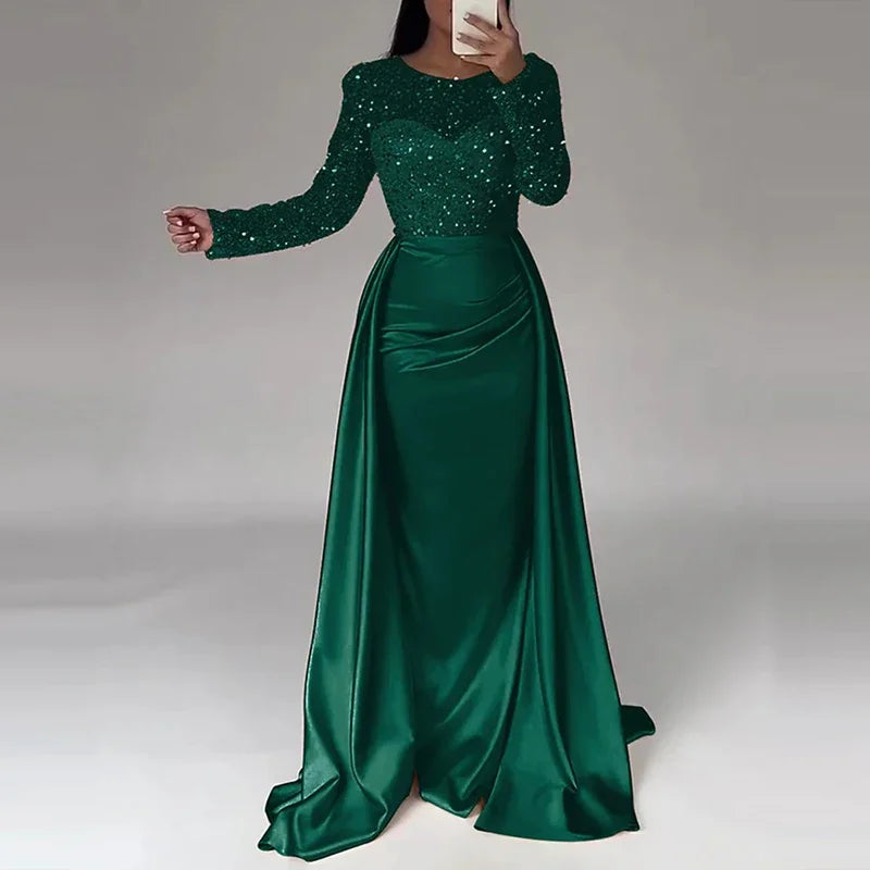 Elegant Satin Sequin Stitching Dress Luxury Glitter High Waist Gala Evening Dress Women Chic Long Sleeve Full Length Party Dress.