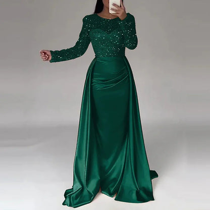 Elegant Satin Sequin Stitching Dress Luxury Glitter High Waist Gala Evening Dress Women Chic Long Sleeve Full Length Party Dress.