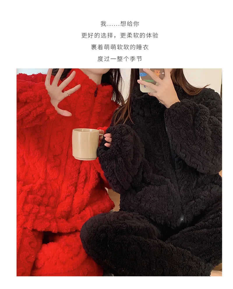Große Größe Flanell Pyjama Set Herbst Winter Weibliche Nachtwäsche Hosen Anzug Verdicken Korallen Fleece Hohe Kragen Lounge Tragen Homewear.