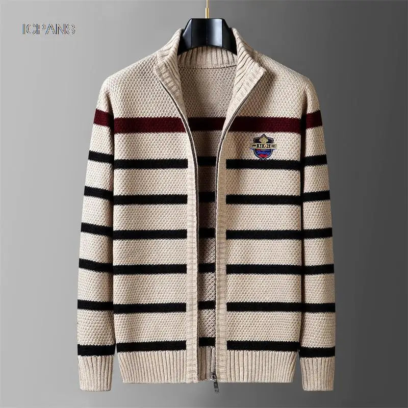 Winter Wool Liner Sweater  Cardigan Man Knit Striped Stand Collar Jacket Outwear Knitted Sweatercoat Men Vintage Clothing.