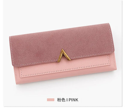 New Korean version women's wallet long V-shaped buckle three fold wallet for women, hand-held bag, change card bag.