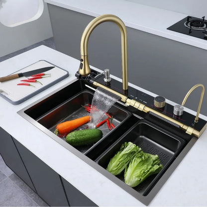 Golden Household Stainless Steel Waterfall Kitchen Sink MultiFunction Wash Vegetable and Dish Countertop Basin Large Single Slot