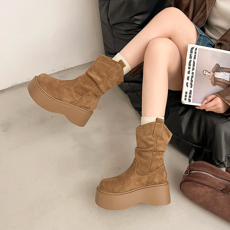 Chunky Platform Thick Sole Woman Ankle Boots Design Round Toe Slip On Shoes  2025 Autumn Winter Short Botas Para Mujer.