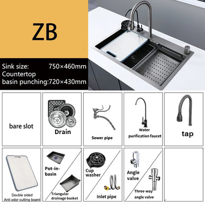 Stainless Steel New Kitchen Sink Household Piano Keys Multifunctional Waterfall Large Single Slot Dish and Vegetable Wash Basin