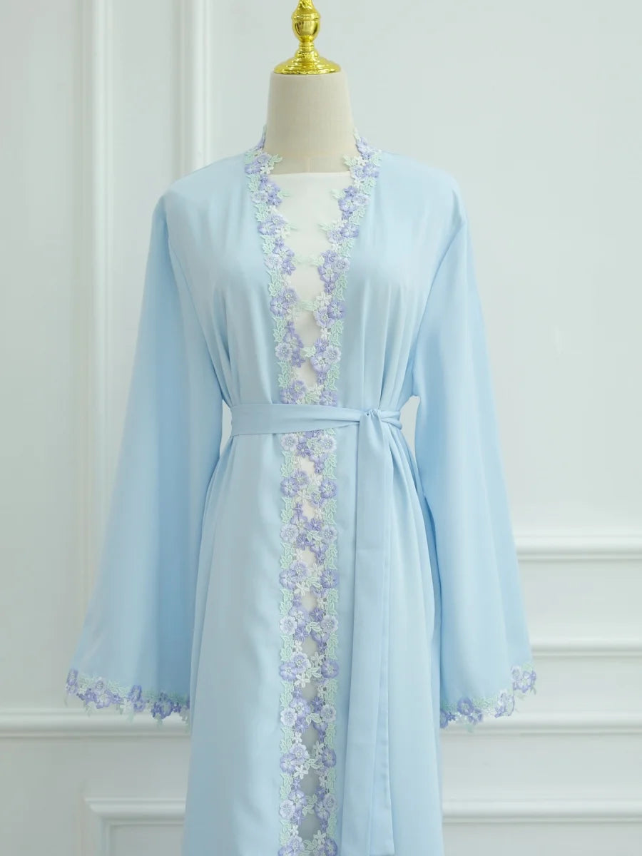Muslim Women Dubai Abaya Bow Embroidery Blue Cardigan Long Dress Kaftan Ramadan Robe Femme African dresses Islam Clothing Kebaya.