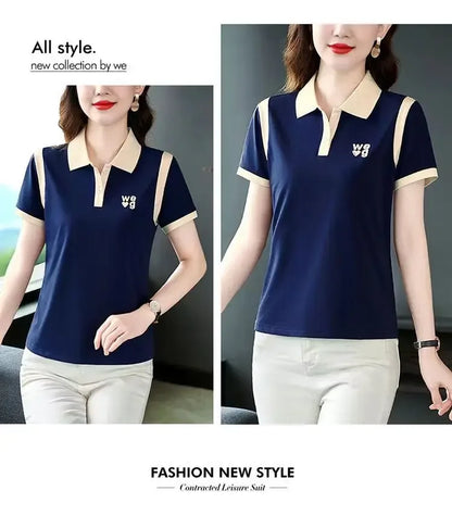 Fashionable Short Sleeve Polo Shirt Women's Summer Sporty Hong Kong Style Top High End Mixed Fabric Slim Fit T-Shirt