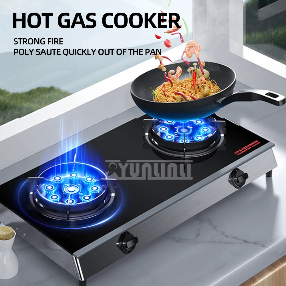 Household Desktop Natural Gas Liquefied Gas Timing Stove Double-Hole Fierce Fire Kitchen Cooker Tool.