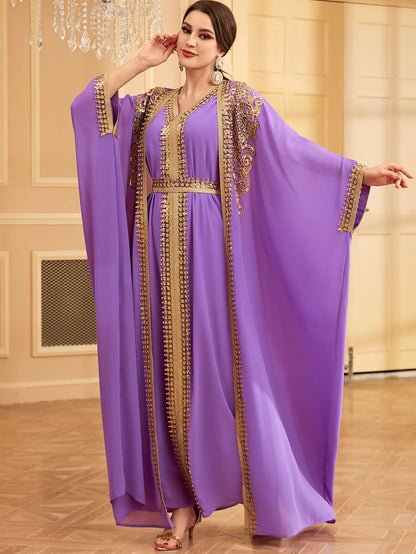 Ramadan Sequins Dubai Abayas Arab Tunics Batwing Sleeve Dresses For Women Gala Two pieces Moroccan Elegant Kebaya