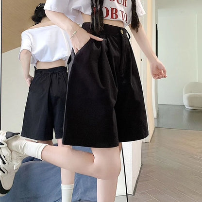 2025 Summer Women Casual Daily Khaki Short Pants Female High Waisted Cargo Shorts Girls Retro Baggy Wide Leg Slacks.