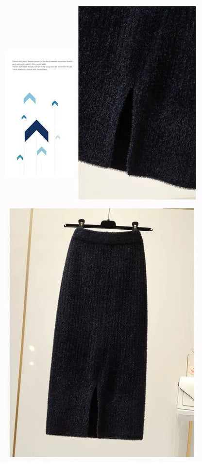 Mink velvet skirt female autumn and winter mid-length knitted one-step skirt split straight winter skirt casual solid long skirt.