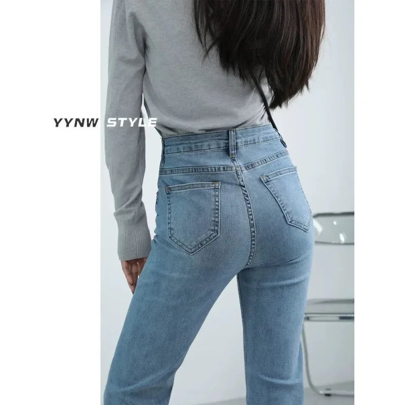 High Waist Straight Leg Jeans Women's Spring New Slim Fit Spring Autumn Narrow Version Smoking Pipe Pants.