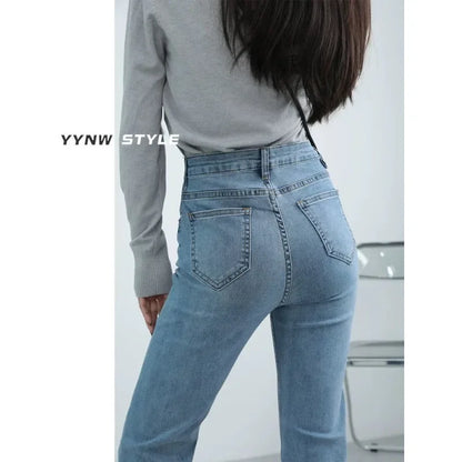 High Waist Straight Leg Jeans Women's Spring New Slim Fit Spring Autumn Narrow Version Smoking Pipe Pants.