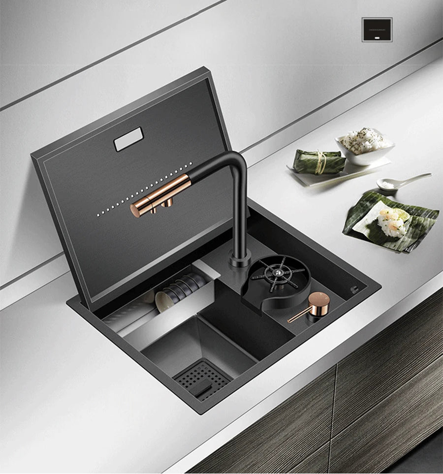 Nanometer Hidden Bar Island kitchen Sink 304 Stainless Steel Flip Cover Hidden Handmade Small Size kitchen Sinks With Cup Rinser