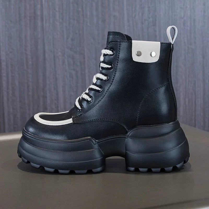 WOIZGIC Women Ladies Mother Genuine Leather Ankle Boots Shoes Lace Up Increase Inside British Style Autumn Winter Plush Fur Warm.