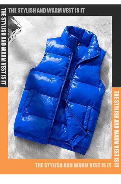 Vest Winter Hooded Glossy Cotton Vest Casual Waistcoat Men's Sleeveless Jacket Warm Overcoats Zipper Solid Color Mens Warm Vests.