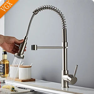 VGX Kitchen Faucet with Pull Down Sprayer Single Handle Mixer for Basin 360° Rotating Spring Style Taps Brass Chrome Gold Black