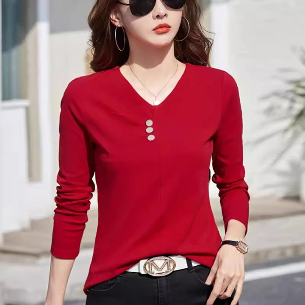 Wine red pure cotton long sleeved t-shirt for women's spring and autumn new style V-neck fashionable casual plus size loose top.