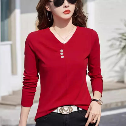 Wine red pure cotton long sleeved t-shirt for women's spring and autumn new style V-neck fashionable casual plus size loose top.