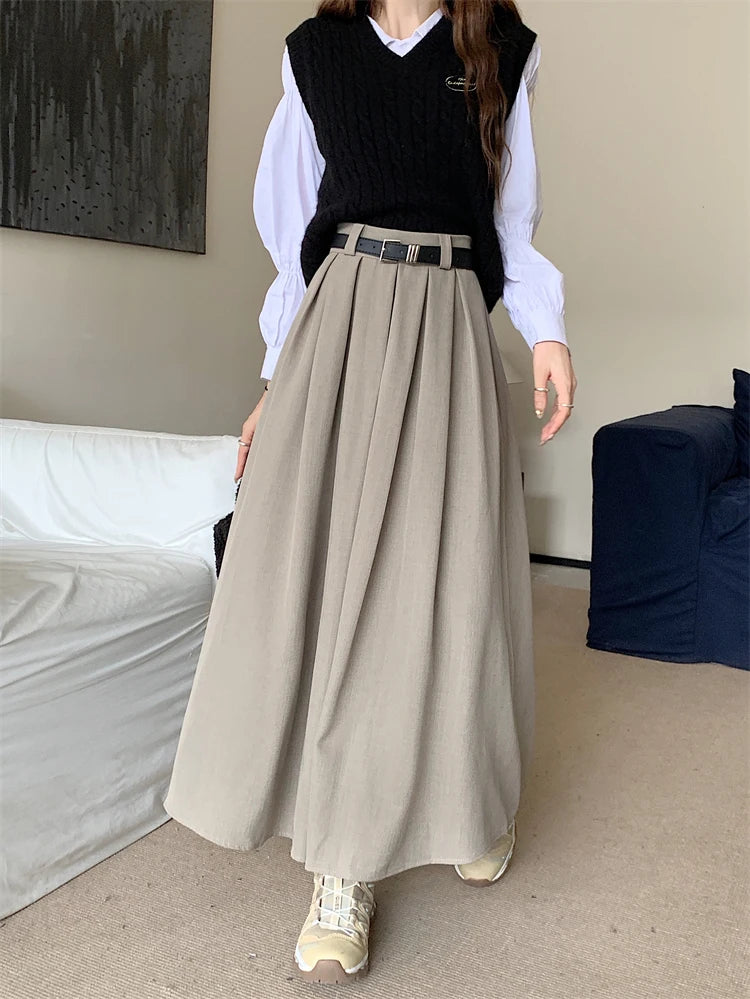 2024 New Korean Skirt Women Solid Color Versatile Mid-length Pleated Skirt Large Swing Type Skirt Female Long Skirts for Women.